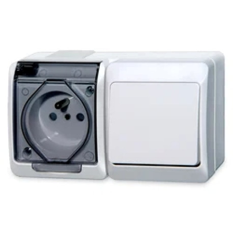 vypínač  č.1,6+2-zásuvka vodo HERMES biely/priehľ. 0327-21 IP44